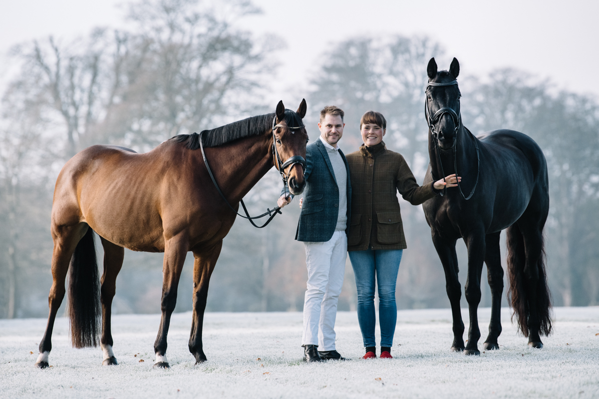 frosty morning equine portrait photoshoot in winter uk with equestrian couple