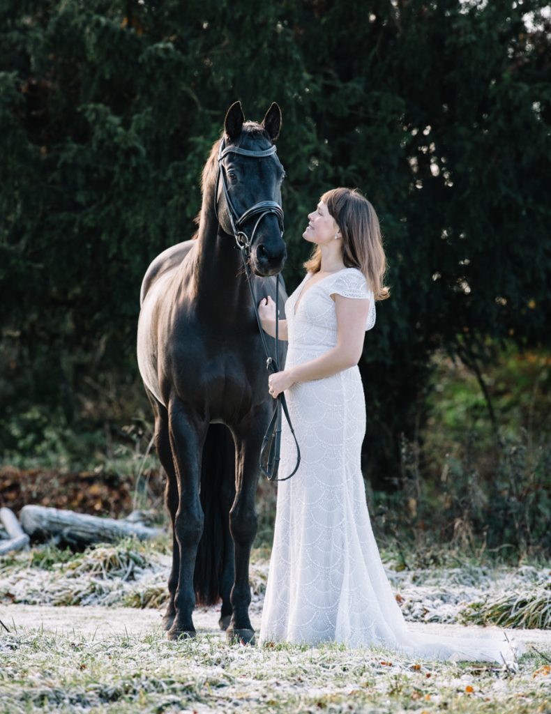 winter equine portrait photoshoot wedding dress